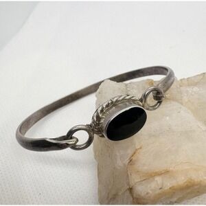 Vintage Mexican Sterling Silver Black Onyx Bangle Bracelet MEX 925 7" 19g Hinged